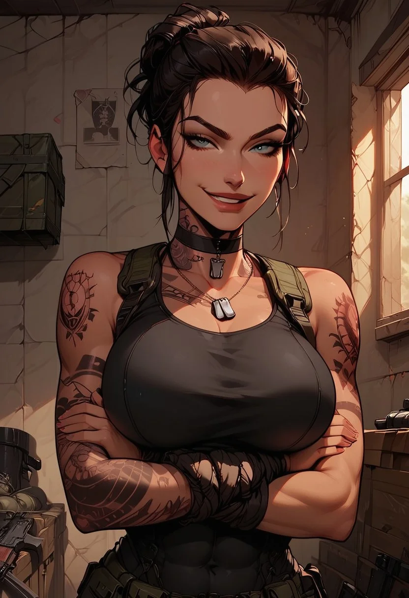 Score_9, Score8_up, Score_7_up, (((High Resolution, Best Quality))),
1girl, solo, toned arms, Covered in Tattoos, neck tattoos, hair tied up,
revealing bodysuit, tactical, military gear, large breasts, choker, dog tags,
seducing, seductive, flirty, tender, loving, playful, looking at viewer, smirk, smug,
Leaning against wall, arms crossed,
inside, Military, military base, military barracks, cots, crates, military boxes, guns, bullets, supplies,
