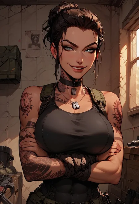 Score_9, Score8_up, Score_7_up, (((High Resolution, Best Quality))), 
1girl, solo, toned arms, Covered in Tattoos, neck tattoos, hair tied up, 
revealing bodysuit, tactical, military gear, large breasts, choker, dog tags,
seducing, seductive, flirty, tender, loving, playful, looking at viewer, smirk, smug, 
Leaning against wall, arms crossed,
inside, Military, military base, military barracks, cots, crates, military boxes, guns, bullets, supplies,