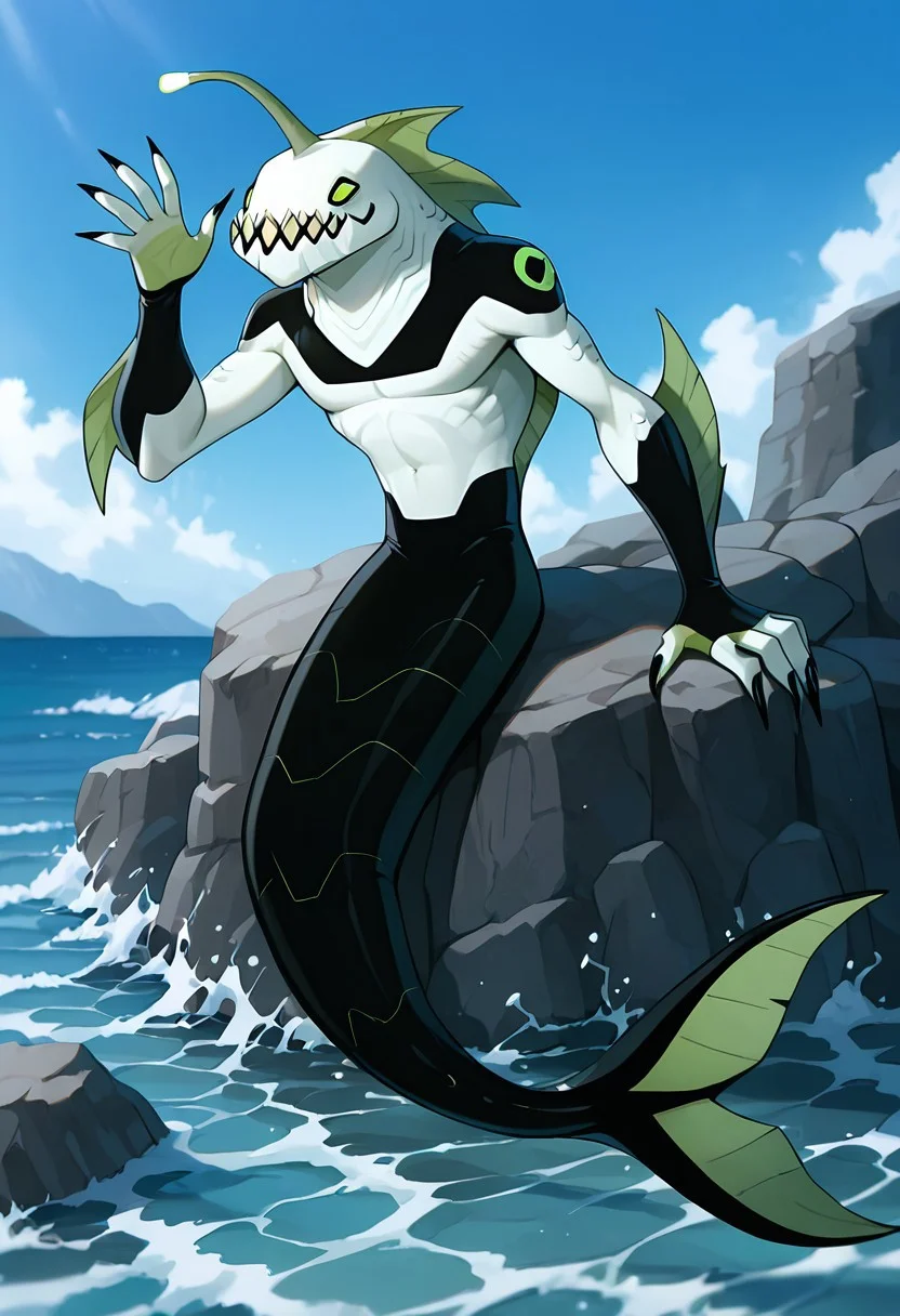 masterpiece, best quality, amazing quality, very aesthetic, absurdres, newest,,
ripjawsov, no humans, sharp teeth, teeth, colored skin, monster, pale skin, angler fish lure, green eyes, small eyes, , monster boy, claws, digimon (creature), fins, , square jaw
on rocks, sea shore, black mermaid tail, waving, smile, bright day,