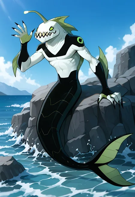 masterpiece, best quality, amazing quality, very aesthetic, absurdres, newest,,
ripjawsov, no humans, sharp teeth, teeth, colored skin, monster, pale skin, angler fish lure, green eyes, small eyes, , monster boy, claws, digimon (creature), fins, , square jaw
on rocks, sea shore, black mermaid tail, waving, smile, bright day,