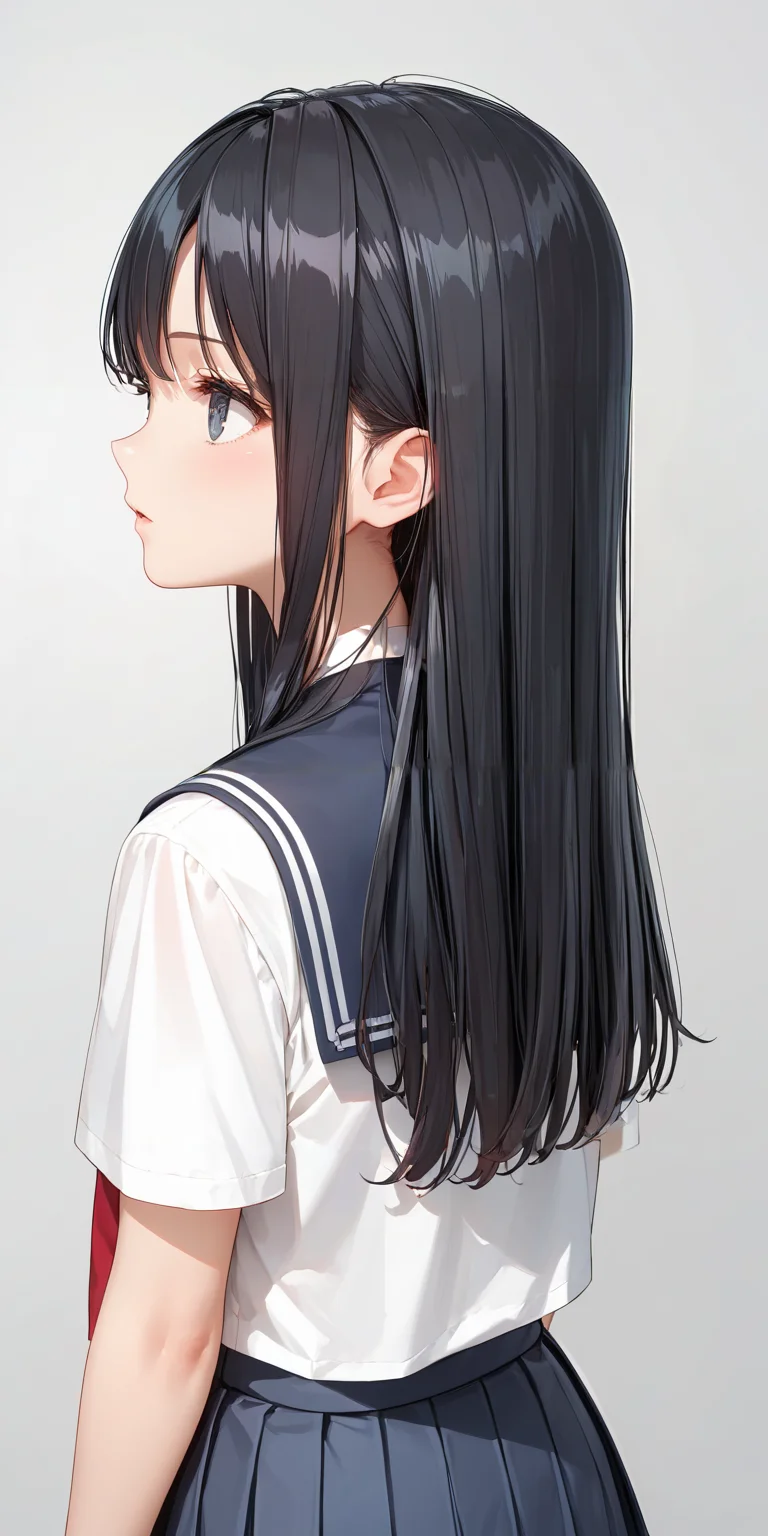 score_9, score_8_up, score_7_up,source_anime, high res image,masterpiece,best quality,girl,cute face,clear skin,shiny hair,ultra detailed eyes,simple background, <lora:straight hair_pony_V1.0:1> straight hair, long hair, black hair,from behind,school uniform