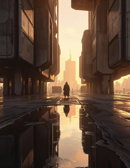 QuantumZ. A photo-realistic digital illustration shoot from a perspective perspective about a lone figure stands alone in a futuristic cityscape at sunset, reflected in a puddle on the wet pavement. the image also shows a person standing alone in the middle of the image, silhouetted against the warm, orange and yellow hues of the setting sun. on the left side of the person, a mysterious figure appears to be a man, standing with his back to the viewer, facing away from the viewer. the figure is wearing a hooded cloak and has a serious expression on their face. they are standing on a wet pavement, surrounded by tall, cylindrical structures, which are reflected in the puddle below. in the background, there is a vast expanse of cityscape with tall buildings and a distant skyline. the scene is illuminated by warm, golden light, creating a sense of depth and atmosphere, with the reflection of the figure and the cityscape creating a mirror-like effect on the pavement below.