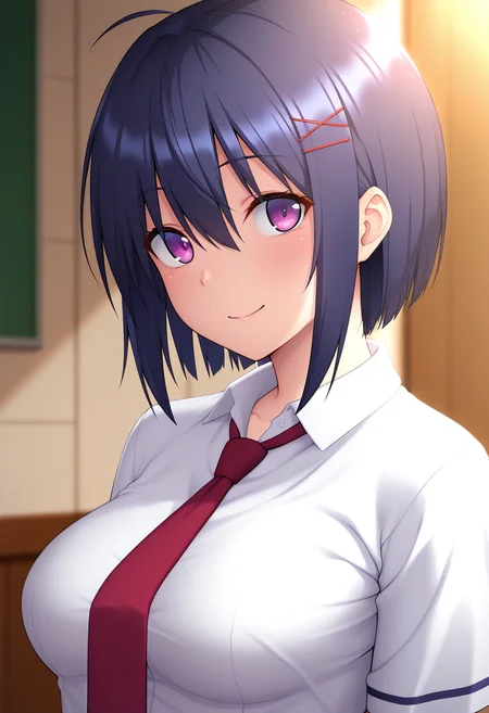 masterpiece, best quality, amazing quality, 1girl, solo, (portrait:1.2), manamiww, purple eyes, black hair, short hair, sidelocks, bangs, hair between eyes, ahoge, hairclip, x hair ornament, medium breasts, school uniform, red necktie, white collared shirt, looking at viewer, smile, indoors, skindentation, detailed clothing folds, depth of field, sharp, high contrast, dynamic light <lora:Haitoku_to_Yokubou_no_Kamiya_Manami_ill:0.8>