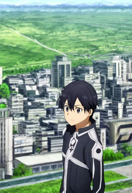 high resolution, solo, best quality, 1Boy, Kazuto Kirigaya, Black Hair, Black Eyes, high-rise, top of building, landscape, shallow depth of field, OverallDetail