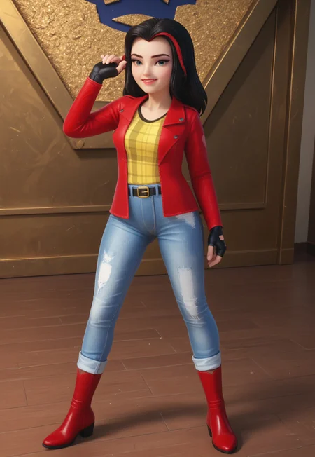safe_pos, (zPDXL3) source_cartoon, solo, 1girl, full body, vicky_legofriends, black hair, streaked hair, jeans, fingerless gloves, red jacket, yellow shirt, boots, belt, indoors, art gallery, sexy, dynamic angle, looking at viewer, smiling,
