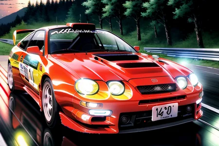 masterpiece,best quality,official art,extremely detailed CG unity 8k wallpaper,illustration, ((TUNED RALLY car)), bright, sports car, vehicle focus, road, ((need for speed)),((NFS)), moving, wet, (((NIGHT))),neon lights,drift, <lora:CELICA6:0.8>, (CELICA6) <lora:urushisato:1> ((urushisato))