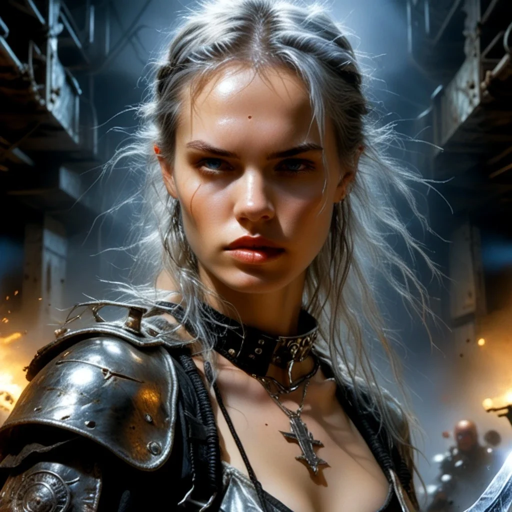 Silver-haired young woman,
piercing light blue eyes,
black leather battle gear,
wielding a silver blade,
enhancing the silver hair's texture and leather's intricate details,
talking with fellow warriors,
under dramatic lighting,
ultra realistic,
highly detailed.,
sf,
intricate artwork masterpiece,
ominous,
matte painting movie poster,
golden ratio,
trending on cgsociety,
intricate,
epic,
trending on artstation,
by artgerm,
h. r. giger and beksinski, Luis Royo
highly detailed,
vibrant,
production cinematic character render,
ultra high quality model