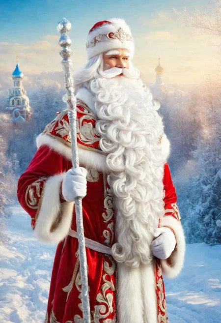 ((best quality)), ((masterpiece)), detailed soft oil painting, detailed background, soft edge lighting, professional, ultra quality, 4k,(masteriece, best quality, 8k, ultra highres, highres:1.4), extremely detailed,
((a strong man of 60 years old with a long snow-white beard in the image of Russian, slavic Ded Moroz))
(standing:2) (full body photo:2) in the snowy forest,
stands in a snowy forest among snow-covered fir trees,
in a white fur coat trimmed with swan down or sable fur, embroidered with traditional Russian ornaments in silver - stars, crosses, geese, drawing in the style of oil painting, medium brush strokes, khokhloma style, slavic style,
On the head is a traditional white warm boyar hat in the shape of a semi-oval, decorated with traditional Russian silver and pearl embroidery, trimmed with swan's down.
on her hands are huge white three-fingered mittens, decorated with traditional Russian silver embroidery.
The fur coat is tied with a white sash, embroidered with traditional Russian patterns.
On his feet are exclusively white felt boots embroidered with silver.
(((With his right hand he holds a long magical crystal staff with a twisted handle. The staff is decorated with a moon and a bull's head))).
looks at the viewer, cheerful calm kind look, kind smile, cheeks red from frost,
winter, a bright sunny frosty day, fluffy Christmas trees in snow, snow sparkles under the rays of the sun,
by Viktor Vasnetsov, by Vasily Surikov