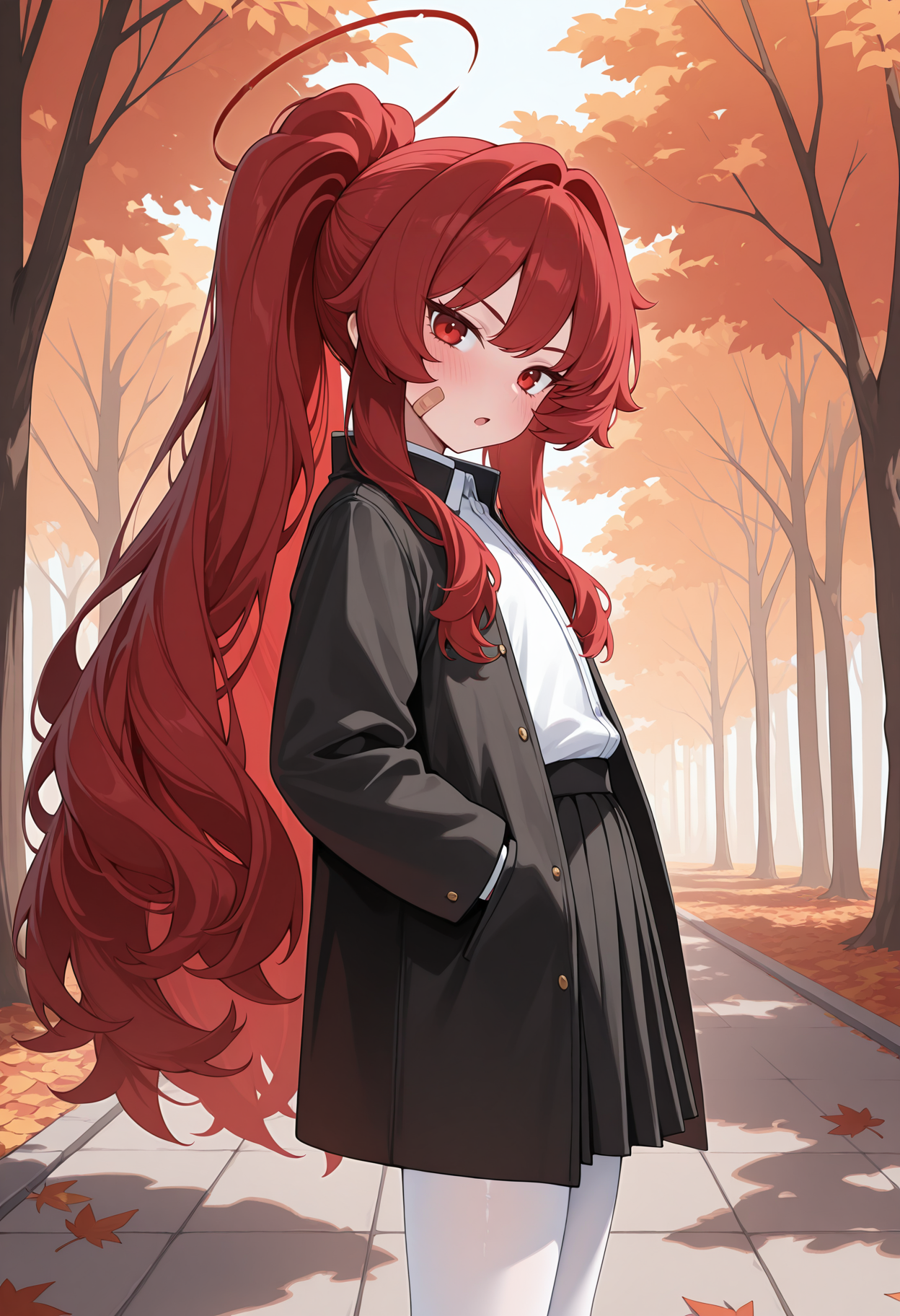 highres, best quality, masterpiece, outdoors, autumn leaves,
1girl, solo, kvkoito, red hair very long hair, ponytail, bandaid on face, halo, red eyes,
school uniform, black jacket, black coat, open jacket, white shirt, collared shirt, black skirt, pleated skirt, white pantyhose,
looking at viewer, blush, serious, open mouth,
from side, standing, head tilt, hands in pockets, 
<lora:_koito_kv-elesico-ilxl:1>