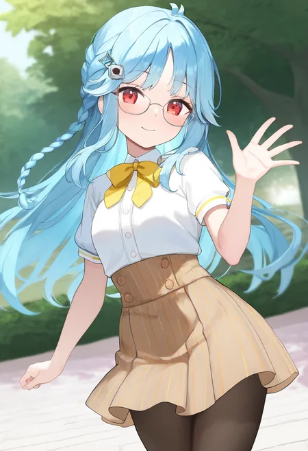 1girl,solo,<lora:HBSkokonail:0.7>,shinonome_kokona,long hair,blue hair,red eyes,hair ornament,glasses,braid,shirt,short sleeves,yellow bow,brown skirt,striped skirt,pantyhose,looking_at_viewer,cowboy_shot,smile,park,waving,incredibly absurdres,masterpiece,best quality,good quality,newest,
