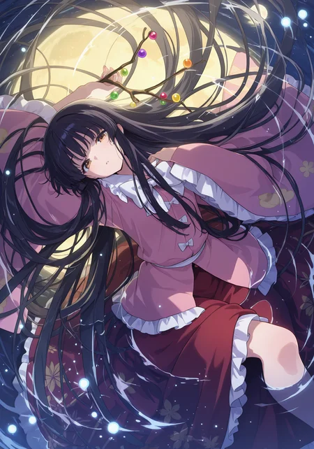 absurdres, highres, masterpiece, best quality, amazing quality, official anime artwork, screencap, anime screencap, looking at viewer,
<lora:Kaguya-Houraisan_Illustrious:1> houraisan kaguya, 1girl, solo, brown eyes, black hair, long hair,, pink shirt, long sleeves, wide sleeves, white bow, red skirt, long skirt, floral print, jeweled branch of hourai,
night, sky, jewelry, pated lips, water, moon reflection, from above, light particle, reflection, in water,
