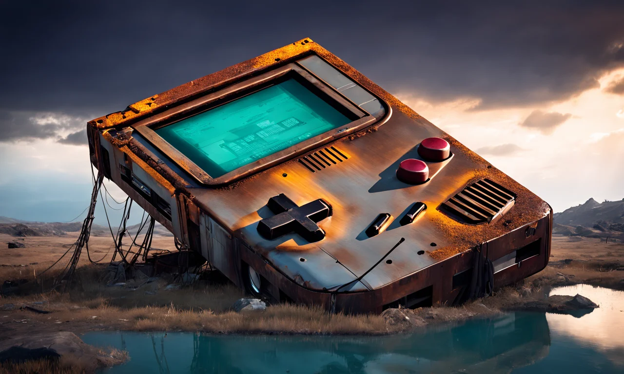 a giant Gameboy structure lying in landscape, monolith, worshipped, rusted steel, best quality, landscape, nature, masterpiece, intricate, highly detailed, cinematic lights, <lora:abslandsdxl:0.9>, abslandsdxl