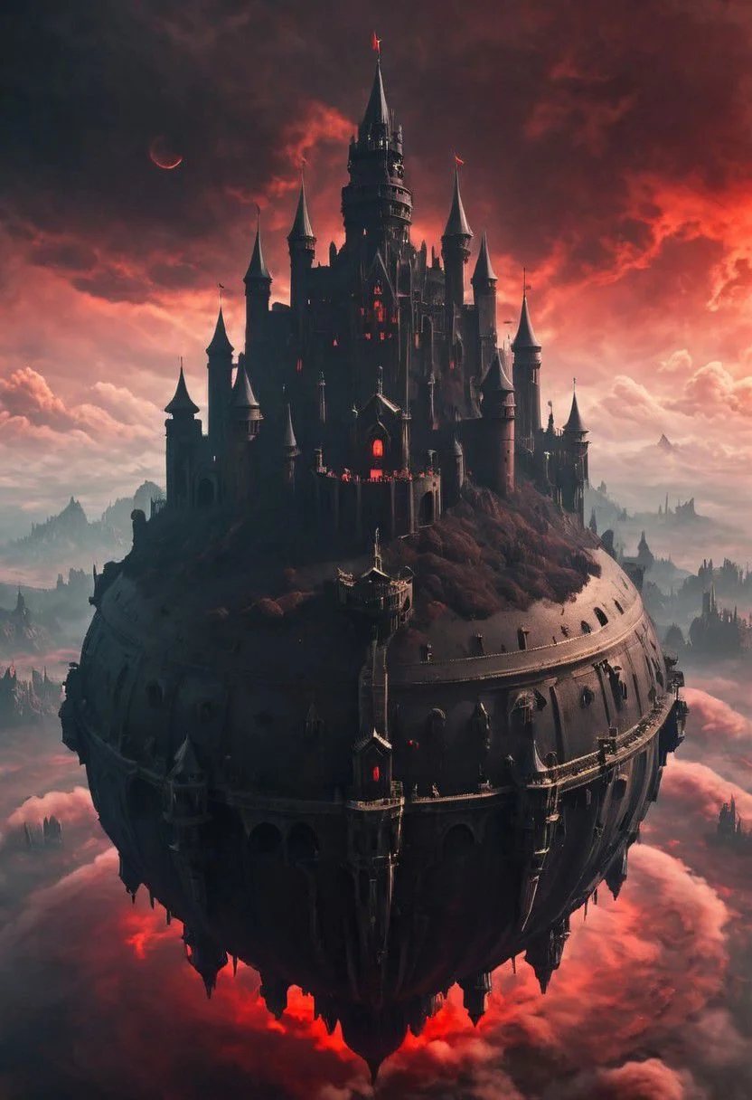 castlevania style, a small dark planet floating in dystopian oily Sky, with castle Dracula's Castle standing on it, its towers piercing the red storm clouds above it