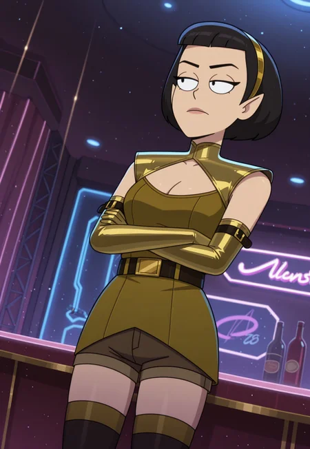 masterpiece, high quality, BREAK, dynamic angle, 1girl, solo, tlynstld, pointy ears, short hair, black hair, dress, cleavage cutout, gold hairband, mini shorts, belt, elbow gloves, thighhighs, neckwear, arms crossed,, nightclub, detailed scenery