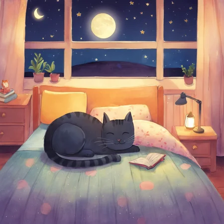 Sleepy Cat, Clear Night, Bedroom Landscape, Bedtime, Relaxing Mood
,Kids Book, KidsRedmAF,
<lora:StorybookRedmondV2-KidsBook-KidsRedmAF:1>