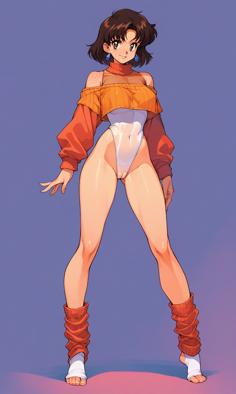 source_anime, ((score_9)),score_8_up,score_7_up,score_6_up,score_5_up,score_4_up,, retro_workoutwear, 1woman, 1980s_(style), aerobics, stirrup_legwear, open-bust_leotard, off_shoulder, highleg_leotard, leg_warmers, thong_leotard, aerobics, cropped_sweater, neon, leggings, tented_shirt, cameltoe, skintight, see-through