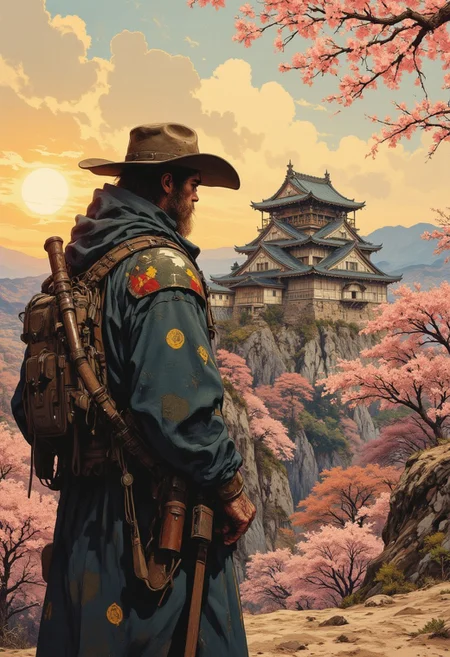electro_style, cowboy shot, masterpiece, best quality, newest, absurdres, highres, by an ancient japanese edo castle, sunset, ink artwork, sharp color, sakura trees in the background,
moon in background