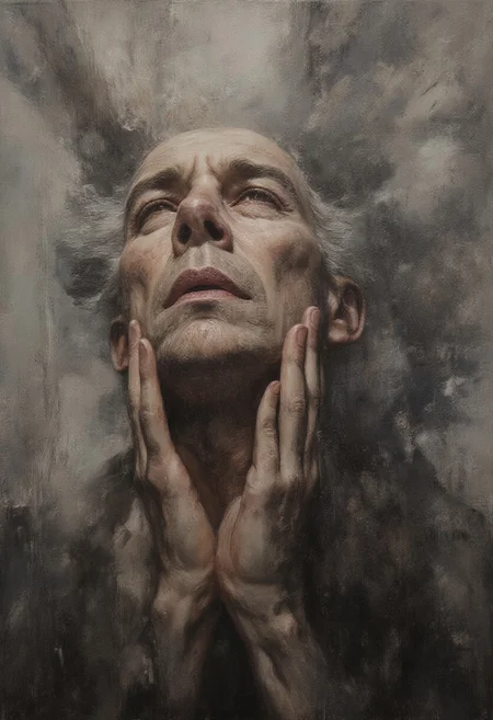 a  portrait of a 55 year old man, expressive. the man is down, sad, crying and devastated,