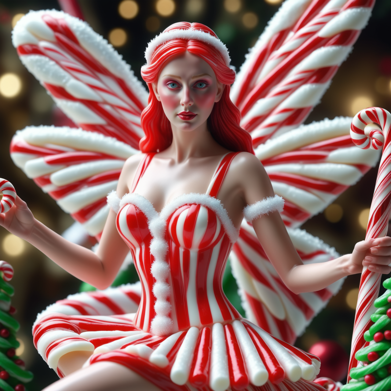 the fairy made out of Jed-Cndcne, masterpiece, UHD, sharp and in focus  ,<lora:CandyCaneStyle-000005:0.7>, realistic