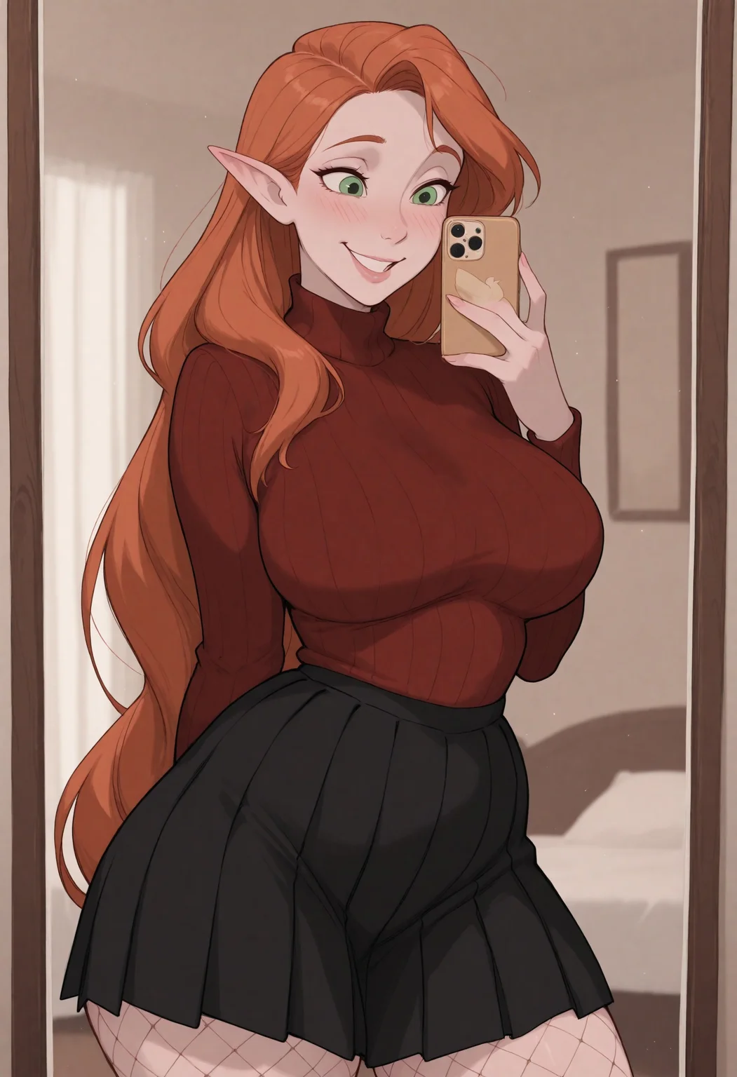 mature female, 1girl, (solo), elf, nose_blush, ear_blush, (wide_grin), smile, teeth, white_teeth, pale_skin, very_long_hair, (auburn_hair), ginger, (green_eyes), very_long_ears, (pointy_ears), plump, large_breasts, no_bra, bottom heavy, large hips, huge thighs, (red-turtleneck), tucked_clothes, (black-pleated_skirt), contrapposto, sway_back, selfie, holding_single_phone, Iphone, mirror, mirror_selfie, fishnets, looking_at_phone, fishnet_tights, dim_lighting, messy_room, bedroom, subsurface scattering, light particles, framevault, masterpiece, best quality, good quality, very aesthetic, newest, vidcap_3378.png, 8K, ultra-HD, stills archive, dsny2, , <lora:6c320146-bd7d-4de8-a4ea-e3a3c9f106ae:0.9>
