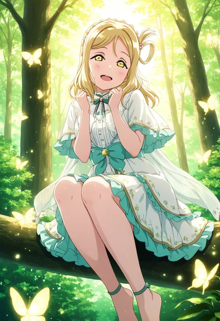 masterpiece, best quality, solo, 1girl, aged up, happy,
mari_ohara, ohara_mari, long hair, bangs, blonde hair, crown braid, braid, yellow eyes, hair rings, hair ornament, enchanted forest idol look, pastel green and white dress, floral cape, crystal hair clip, bare feet on mossy stage, glowing butterflies around her, soft mist in the trees, magical and serene performance, voice echoing through nature
