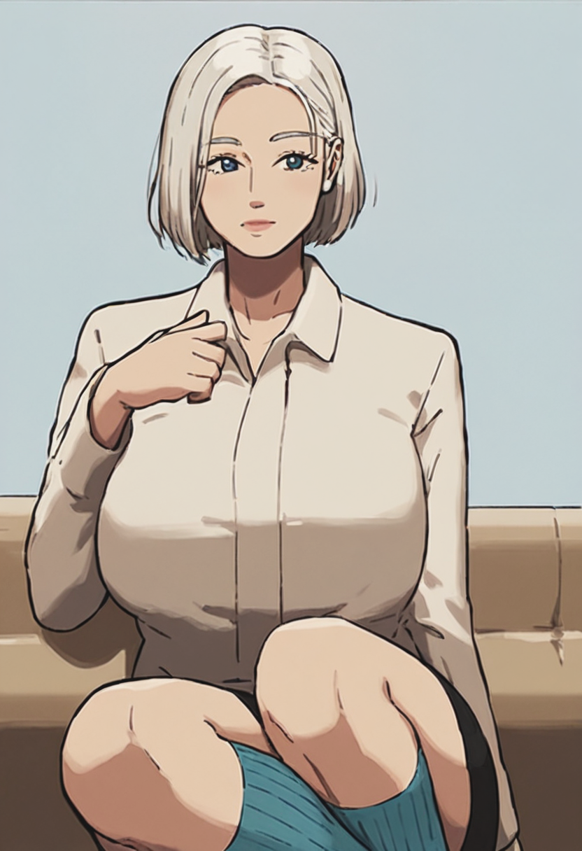 score_9, score_8_up, score_7_up, 1girl, large_breasts, mature_female, portrait, solo, looking_at_viewer, open_eyes, Sitting with legs outstretched, fisheye, (Azure Socks), straight hair, marcel wave, White hair, trench, upper_body, rating_safe, <lora:pony\artist_styles\izayoi_no_kiki_pony:1.0>