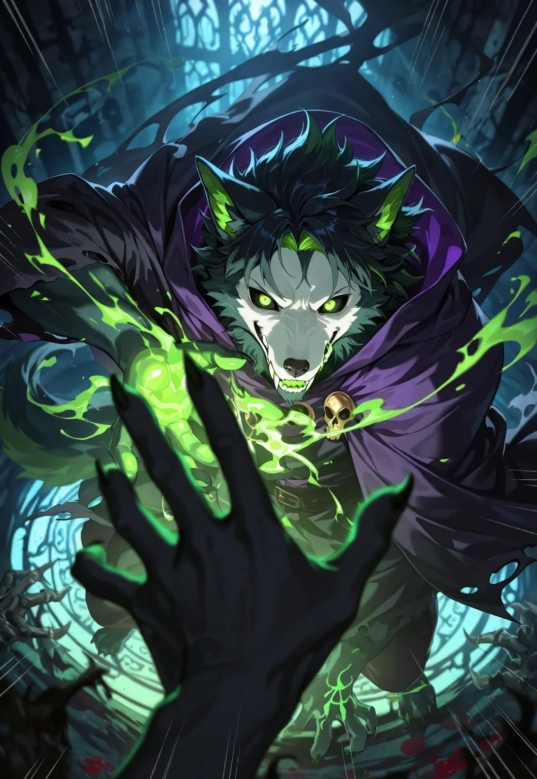 high quality style,4K high resolution,Super Fine Painting,Professional Lighting,vivid color,boils depth of field,1 Boy,single,Male Furry,Wolf,Wolf male, masterpiece, HDR, Black Theme, Necromancer, absolutely eye-catching, highlighted hair, absurdres, ambient occlusion, best quality, newest, anime character, smirk, nail_polish, skull in hand, motion_blur:1.1, short hair, flowing hair, 8K, cozy gloomy castle room, very aesthetic, Light Trails / Streaks, green energy flowing in air,Masodere, ultra-detailed, silk_robe, pov, motion_lines:1.1, ray_tracing, depth of field, amazing quality, undead, lich, blurry foreground, dramatic angle, from above, a bunch of bleeding skulls behind,