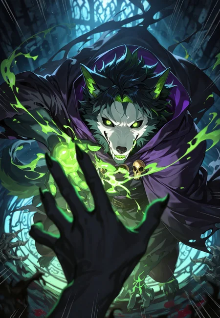 high quality style,4K high resolution,Super Fine Painting,Professional Lighting,vivid color,boils depth of field,1 Boy,single,Male Furry,Wolf,Wolf male, masterpiece, HDR, Black Theme, Necromancer, absolutely eye-catching, highlighted hair, absurdres, ambient occlusion, best quality, newest, anime character, smirk, nail_polish, skull in hand, motion_blur:1.1, short hair, flowing hair, 8K, cozy gloomy castle room, very aesthetic, Light Trails / Streaks, green energy flowing in air,Masodere, ultra-detailed, silk_robe, pov, motion_lines:1.1, ray_tracing, depth of field, amazing quality, undead, lich, blurry foreground, dramatic angle, from above, a bunch of bleeding skulls behind,