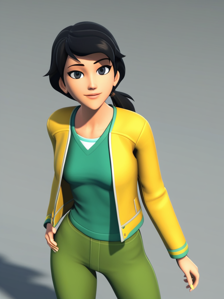 score_9, score_8_up, score_7_up, score_6_up, BREAK masterpiece, perfect face, perfect hands, high quality, source_cartoon, BREAK (1girl, solo,) <lora:June_Darby_-_Transformers_Prime:1> june, black hair, short hair, black eyes, low ponytail, (3D, cgi,)yellow open jacket, green shirt, green pants,