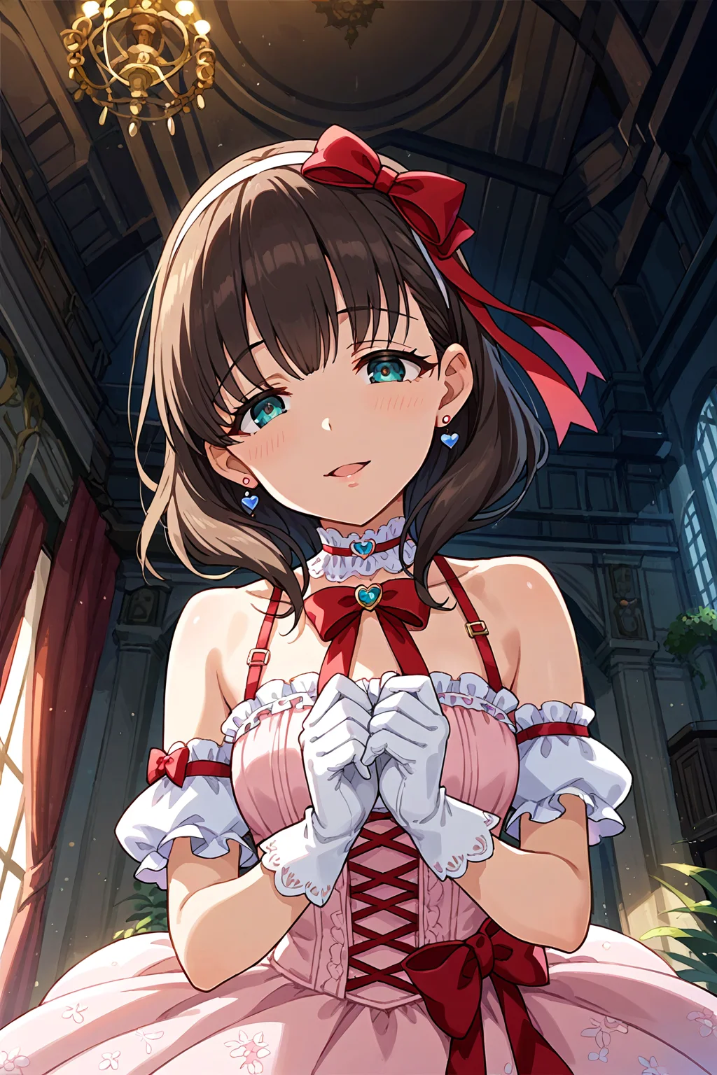 score_9, score_8_up, score_7_up, source_anime,,beautiful color,amazing quality,rating_explicit , intricate details, anime screencap, official style,idolsakuma, 1girl, solo, dress, jewelry, gloves, earrings,ribbon, hairband, looking at viewer, pink dress,bare shoulders, bow, heart, white gloves, choker, red ribbon, hair ribbon,socks ,yandere,upper body ,dynamic angle,POV,close to viewer<lora:idolsakuma:1>