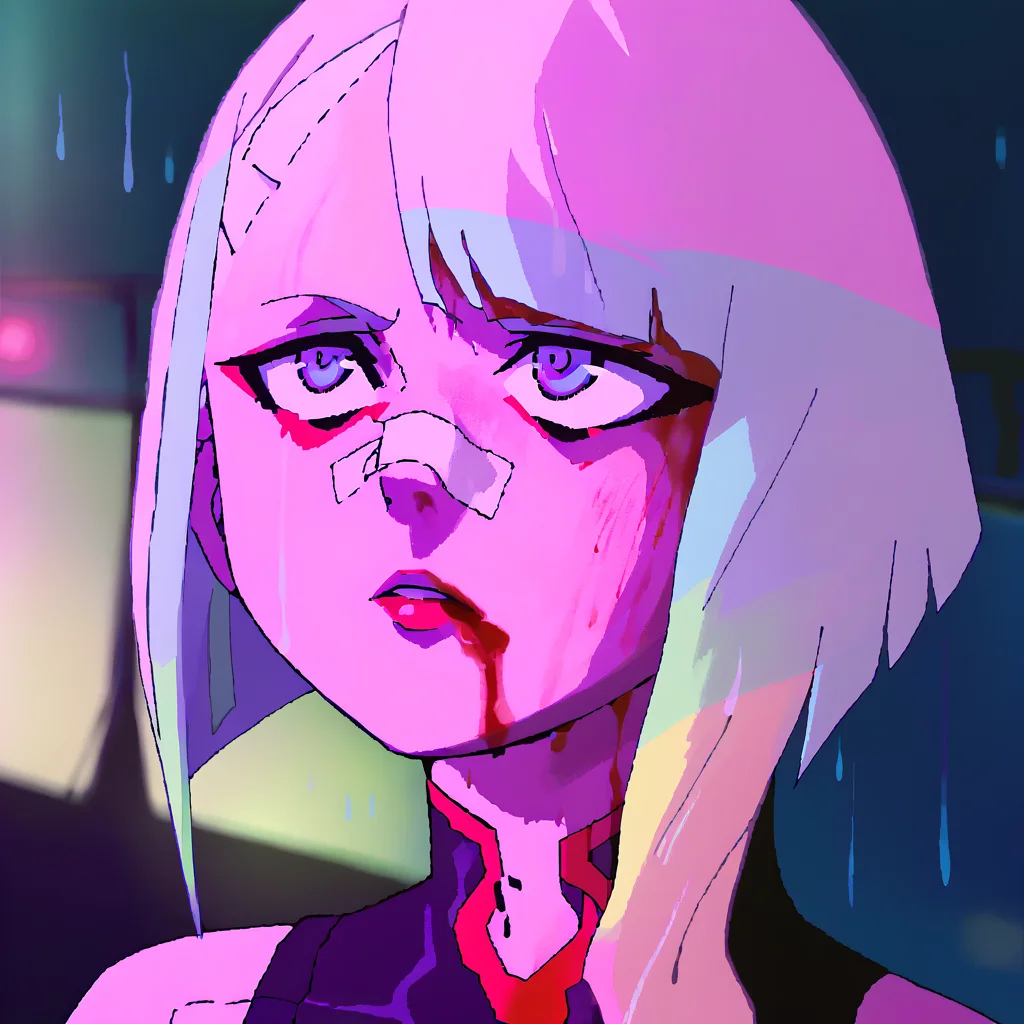 score_9, score_8_up, score_7_up, BREAK
1girl, lucy, short hair, bangs, red eyeliner, bare shoulders, black bodysuit,
portrait, blood on face, bandaid on nose,blurry background, pink lighting, night, dark, pink theme, rain <lora:LucynaXLv2_byKonan:1> <lora:YouLookLonelyXL_byKonan:1> <lora:OekakiXLLocon_byKonan:1.2>