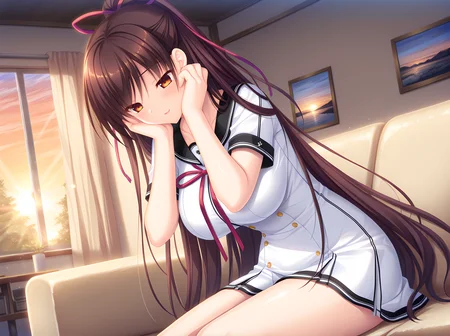 itsuki miyu,large breasts,:o,living room,on couch,sitting,leaning forward,hands on own cheeks,smile,looking down,base outfit,dappled sunlight,morning,sunrise,light rays,kinmedai pink,<lora:Itsuki_Miyu:0.8>,, masterpiece, best quality, amazing quality, very aesthetic, absurd, newest, detailed eyes