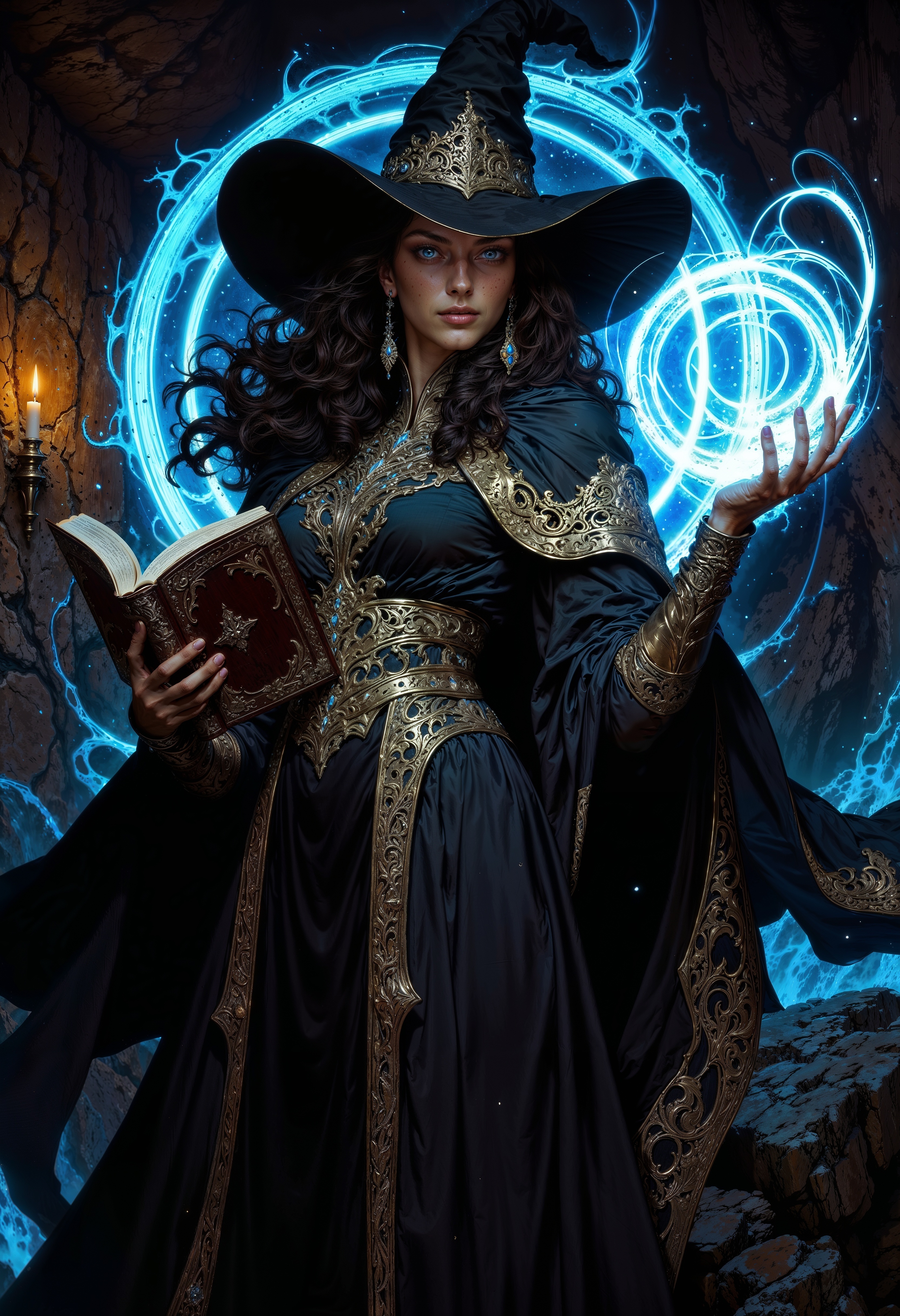 a digital artwork in a fantasy style, featuring a young woman with long, flowing black hair and pale skin, dressed in a dark, flowing witch's dress adorned with gold trim. She wears a large, pointed black hat and holds an ornate, open book in her left hand. Her right hand is raised, conjuring swirling, glowing blue magical circles around her. The background is a dark, rocky cave with a single lit candle on the wall, casting a warm light. The image is dynamic, with the woman seemingly floating mid-air, captured from a slightly low angle to emphasize her magical prowess. <lora:FluxMythV2:0.6> <lora:ck-painterly-fantasy:0.6> <lora:flux.1_lora_flyway_Epic-detail_v2:0.5> <lora:RetroAnimeFluxV1:0.7>