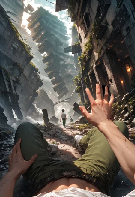 score_9, score_8_up, score_7_up, masterpiece, ultra-realistic 8k, (best quality), (lots of details), (intricate details), perfect male painting, detailed painting, inrticate, realistic skin, dark theme, (pov view:1.5), (solo), (hands focus), perfect hands, perfect fingers, white t-shirt, green cargo pants, white sneakers, (dirty disheveled clothes), (bloody clothes), dirty skin, sitting on the concrete floor, reaching forward with his one hand, (in the ruins of a broken big contemporary town:1.9), (a lot of shadows:2.1), light ahead, water drops, dutch angle, low light, highres textures, Expressiveh, pureerosface_v1, ruined, destruction