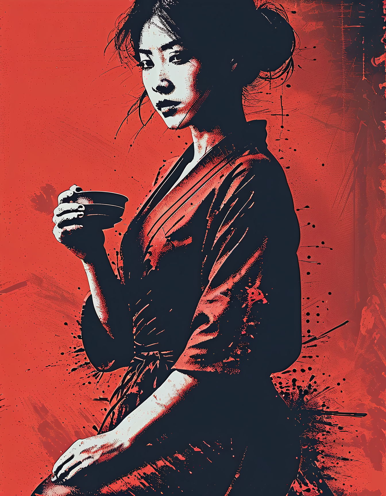 impactful paint of a beautiful geisha serving tea, highly detailed, professional painterly, high contrast, oversaturated, deep blacks, color splashing, 4k, uhd, masterpiece