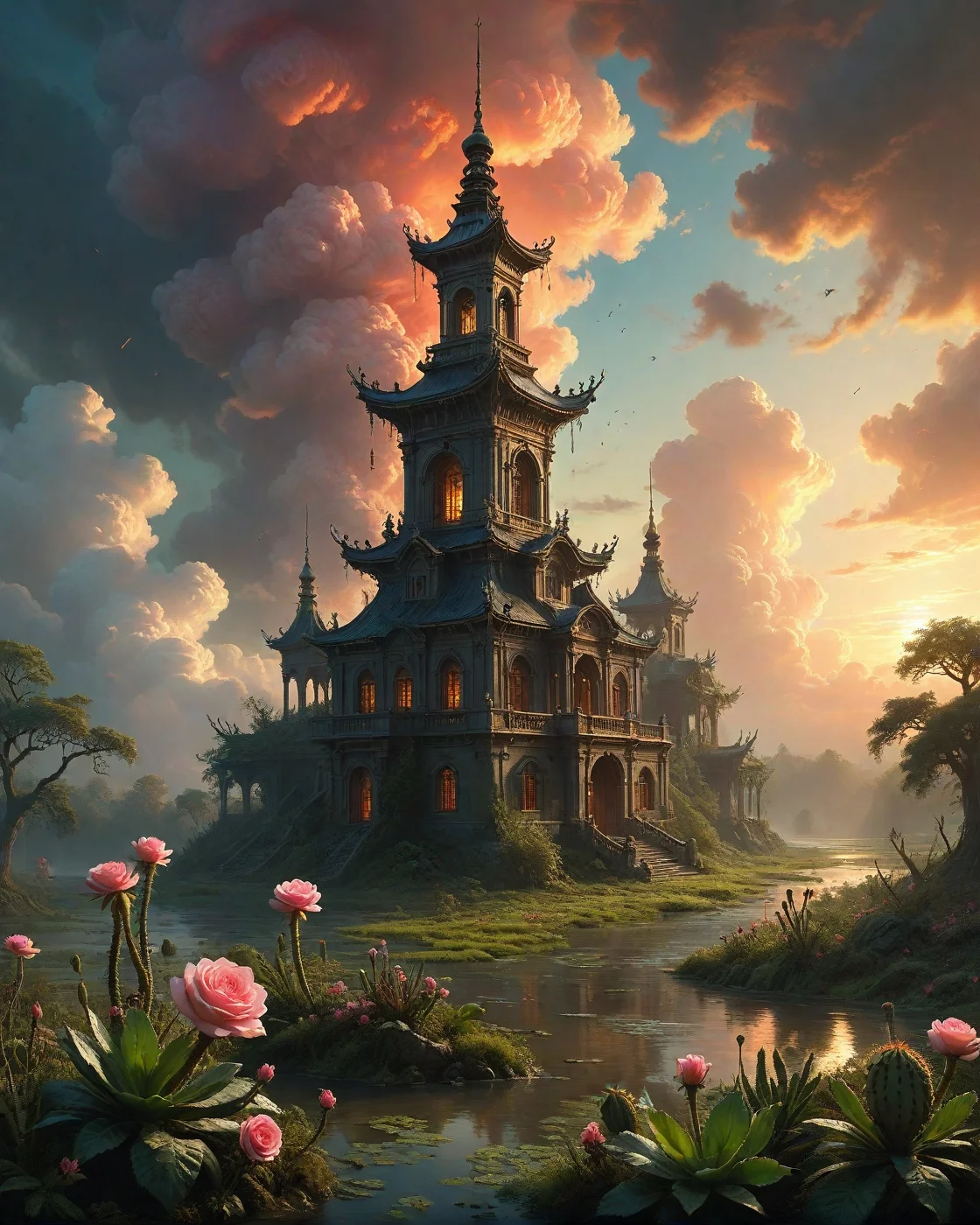 Floodplain meadow with winding oxbow lake, fern fiddleheads uncurling,Titanium pagoda healing with self-repair rituals, Cumulonimbus sunset: Anvil tops blooming into radioactive rose formations, rains that colorize monochrome landscapes, years lasting minutes with hyper-evolution,Neural network dusk training AI hallucinations, Mutations of cacti growing gemstone spines,
artstation, trending on artstation, highly detailed fantasy art, stocking, intricate, elegant, highly detailed, centered, digital painting, concept art, smooth, sharp focus,random rider in landcscape,
<lora:tbh124-sdxl:0.15> style of Jean-Antoine Watteau,
<lora:tbh112-sdxl:0.15> style of Gregory Fromenteau
<lora:add-detail-xl:0.7>
<lora:Flux-XL_Scenery:0.15> flux-scenery,
<lora:Flux-style-xl-lora:0.15> flux-style
<lora:1dkXLP:0.15> 1dk,
<lora:extremely_detailed:0.7> extremely detailed,, Baroque art style, dynamic composition, dramatic lighting, rich colors, intricate details, professional-grade execution, captures the grandeur and theatricality of the Baroque period