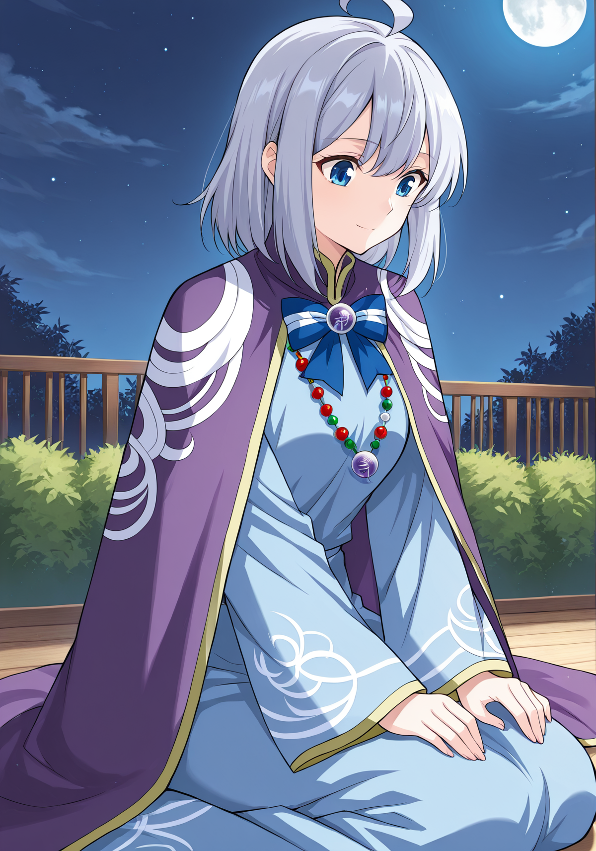 <lora:Dan_Chen__Battle_Through_the_Heavens__Illustrious:1>
1girl, solo, silver hair, short hair, ahoge, anime style, bangs, soft expression, blue eyes, 
long robe, traditional clothes, fantasy outfit, purple cloak, wide sleeves, long sleeves, sleeves past fingers, blue inner dress, gradient design, moon pattern, decorative embroidery, formal uniform, layered clothing, blue bowtie, ribbon brooch, gemstone brooch, bead necklace, moon-themed outfit, detailed trim, 
score_9, score_8_up, score_7_up, masterpiece, best quality, absurdres, perfect anatomy, 1girl, solo, wariza, sitting, hands on own knees, garden background
