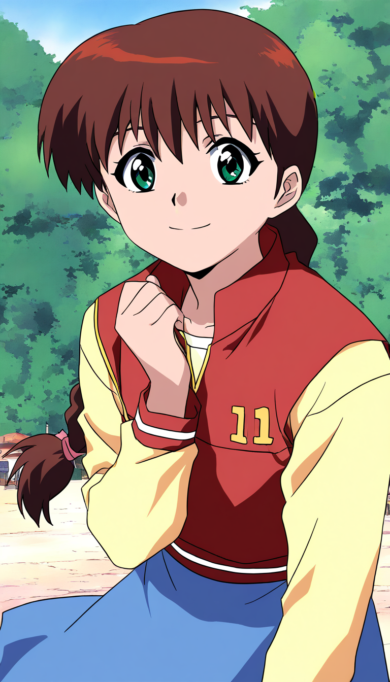 masterpiece, best quality, good quality, <lora:Miyanoshita_Satsuki_IS:1>
Miyanoshita_Satsuki, 1girl, brown hair, green eyes, single braid, long hair, bangs, 
blue skirt,red vest,Yellow long sleeves,
 anime coloring,  day, outdoor,
smile,looking at viewer, cowboy_Shot,