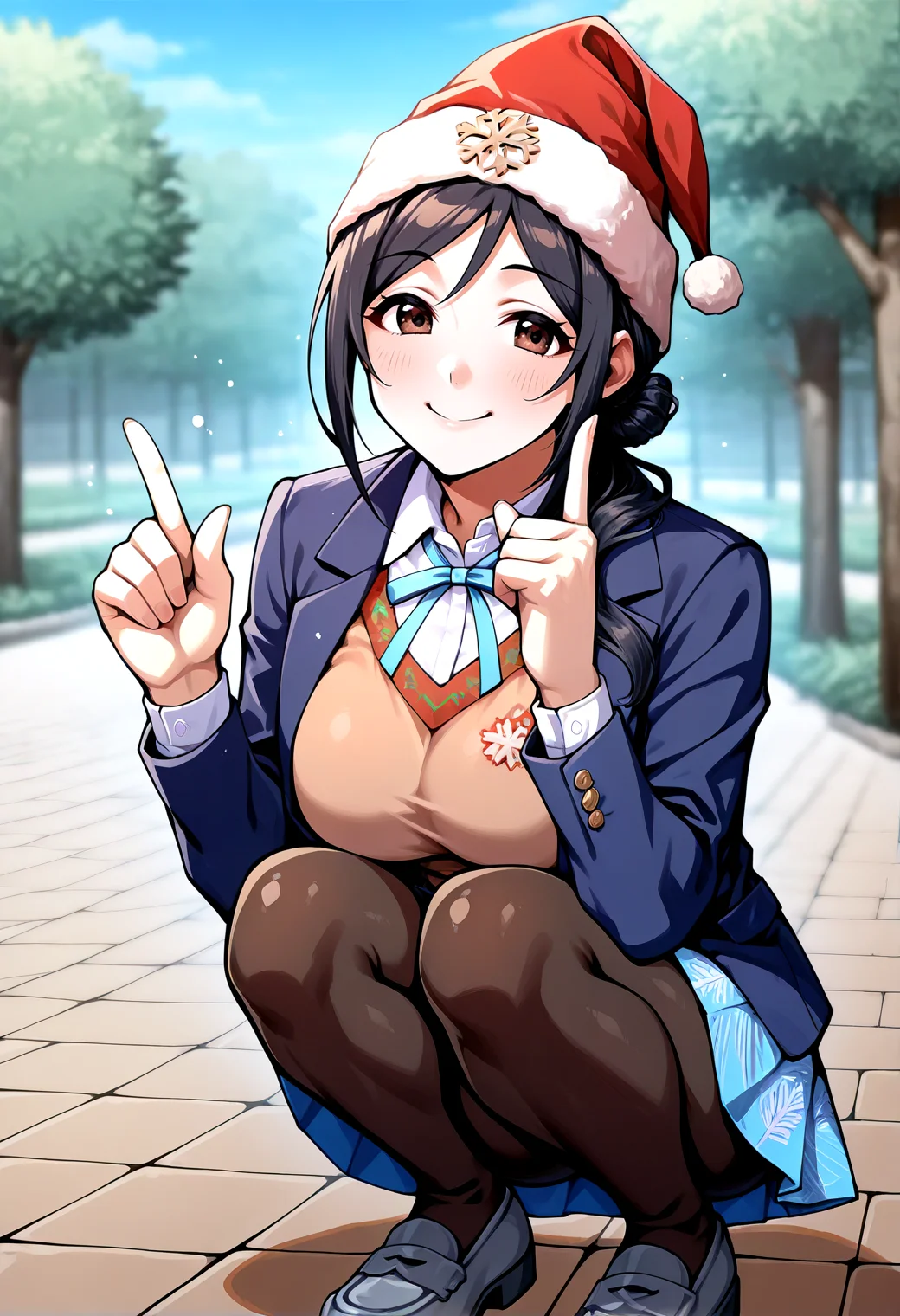 IllustriousQual <lora:StS-Illustrious-Detail-Slider-v1.0:2> <lora:cfg_scale_boost:0.3> <lora:Nog_Ops_IL_V1:1> NogOpsIL, santa hat, snowflake, black hair, braid, brown eyes, dark skin, fingerless gloves,detailed_background,outdoors,grey footwear,dot nose,large breasts,breasts,shoes,loafers,black pantyhose,pantyhose,hair bun,neck ribbon,skirt,blue eyes,index finger raised,idolmaster,school uniform,long hair,hatsuboshi gakuen school uniform,sweater vest,blazer,blue skirt,smile,blue ribbon,blue jacket,ribbon,squatting,gakuen idolmaster,white shirt,dddd akagi,brown hair,shirt,brown sweater vest,highres,closed mouth,solo,long sleeves,jacket,looking at viewer,blush,himesaki rinami,1girl