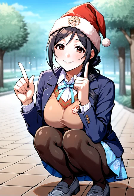 IllustriousQual <lora:StS-Illustrious-Detail-Slider-v1.0:2> <lora:cfg_scale_boost:0.3> <lora:Nog_Ops_IL_V1:1> NogOpsIL, santa hat, snowflake, black hair, braid, brown eyes, dark skin, fingerless gloves,detailed_background,outdoors,grey footwear,dot nose,large breasts,breasts,shoes,loafers,black pantyhose,pantyhose,hair bun,neck ribbon,skirt,blue eyes,index finger raised,idolmaster,school uniform,long hair,hatsuboshi gakuen school uniform,sweater vest,blazer,blue skirt,smile,blue ribbon,blue jacket,ribbon,squatting,gakuen idolmaster,white shirt,dddd akagi,brown hair,shirt,brown sweater vest,highres,closed mouth,solo,long sleeves,jacket,looking at viewer,blush,himesaki rinami,1girl