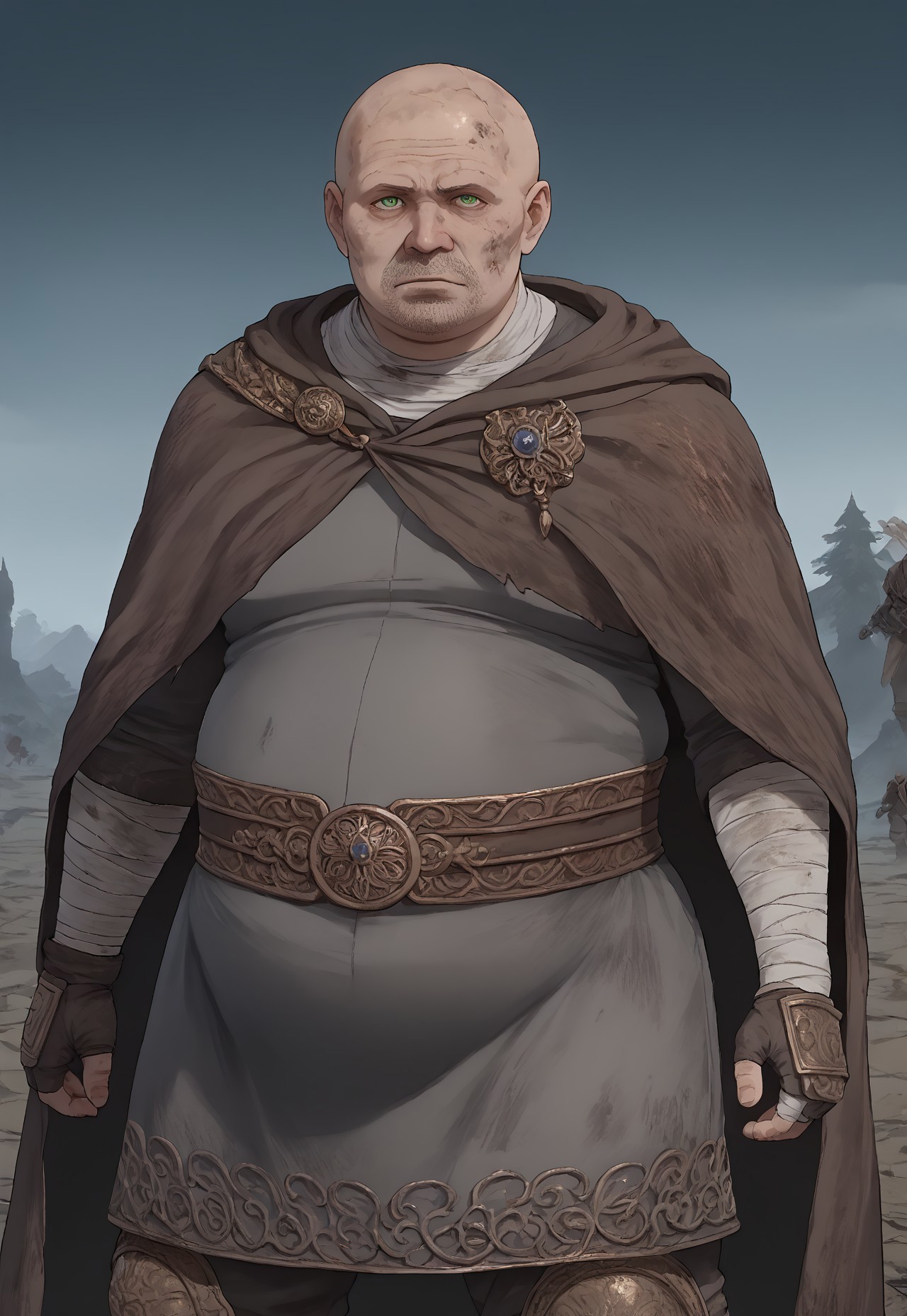 score_9, score_8_up, score_7_up, ((masterpiece)), watercolor, artwork, ,(masterpiece), sharp focus, dark fantasy, , bandages on head, (bald), hairy, (((obese))),. brown cloak, dirty clothing, fantasy, bandage over eyes, green eyes, , , red theme, solo, big face, ((stubble)), , bandit, fat man, Ugly man, old man, ugly, smelly, fat, glower, dynamic pose, eldringpxl, elden ring, (mudkip)