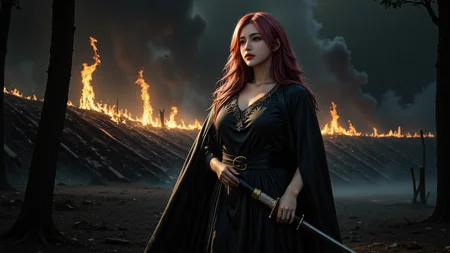 a long pink and wavy-haired woman with fair skin and a voluptuous figure,dressed in a black,medieval-style gown and cloak. She holds a katana with a sheath,standing in a dark,smoky forest with burning structures in the background. The scene is dramatic,with warm flames contrasting the dark,ominous atmosphere. The woman's expression is determined and intense,suggesting a heroic or warrior role.,<lora:yuukananri-base-02-flux:0.8>,yuukananri,she has a slender physique and a petite build,<lora:aidmaMJ6.1v0.4:0.6>,aidmaMJ6.1,