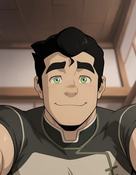 masterpiece, best quality, amazing quality, <lora:Bolin_IL:1>, Bolin-ARAI-IL, 1boy, solo, male focus, black hair, short hair, green eyes, muscular, smile, shirt, looking at viewer, close up, <lora:cfg_scale_boost:0.4>