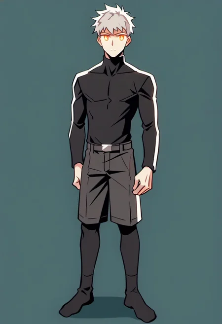 cartoon art style, adult, no shoes on, ((masterpiece)), ((best quality)), ((ultra-detailed)), score_9_up, score_8_up, score_7_up, HD, top quality, best quality, High-quality illustrations, anime screencap, masterpiece, best quality, amazing quality, (Cartoony), thick outlines, 1boy, BREAK man male guy, platinum hair, very short hair, messy hair, curly hair, dark side fade hair, dark side cut hair, robotic orange eyes, holographic eyes, defined chin, chiseled face, athletic slim body, light skin tone, black shorts, plain silver shirt, standing, BREAK simple blank background