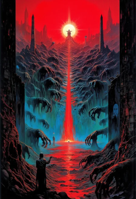 This is a digital artwork depicting a fantasy hellscape at night. The scene is dominated by a striking, intense red and cyan gradient that fades from the top to the bottom, giving the image a surreal and fantasy feel. The gradient suggests a fiery or smoky atmosphere, possibly indicating a fantasy setting.
The area itself is a sprawling mass of creepy glowing giant hands sticking out of the ground, bending,gnarling,trembling, glowing. The hands are densely packed, creating a maze-like structure that appears to stretch into the distance. The overall texture is rough and gritty, with a sense of decay and abandonment.
A central, narrow glowing pathway cuts through the area, leading towards a bright, glowing light at the top center of the image. This light is intensely bright and appears to be the source of the red-cyan gradient, possibly a  supernatural event. The light is surrounded by a halo of smoke or dust, adding to the eerie atmosphere.
In the foreground, on the left and right side of the image, there is a partially collapsed obelisks with a broken, fractal structure. The perspective is high, giving a bird's-eye view of the area, enhancing the sense of desolation and scale.
best quality,high resolution,vibrant neon colors,deep darks,epic scale,disturbing,poignant atmosphere.dramatic,wind,forced perspective,scenery,vibrant,colorful,
gustave dore
moebius
David A. Hardy
John Harris
Kay Nielsen
John Howe
Edvard Munch