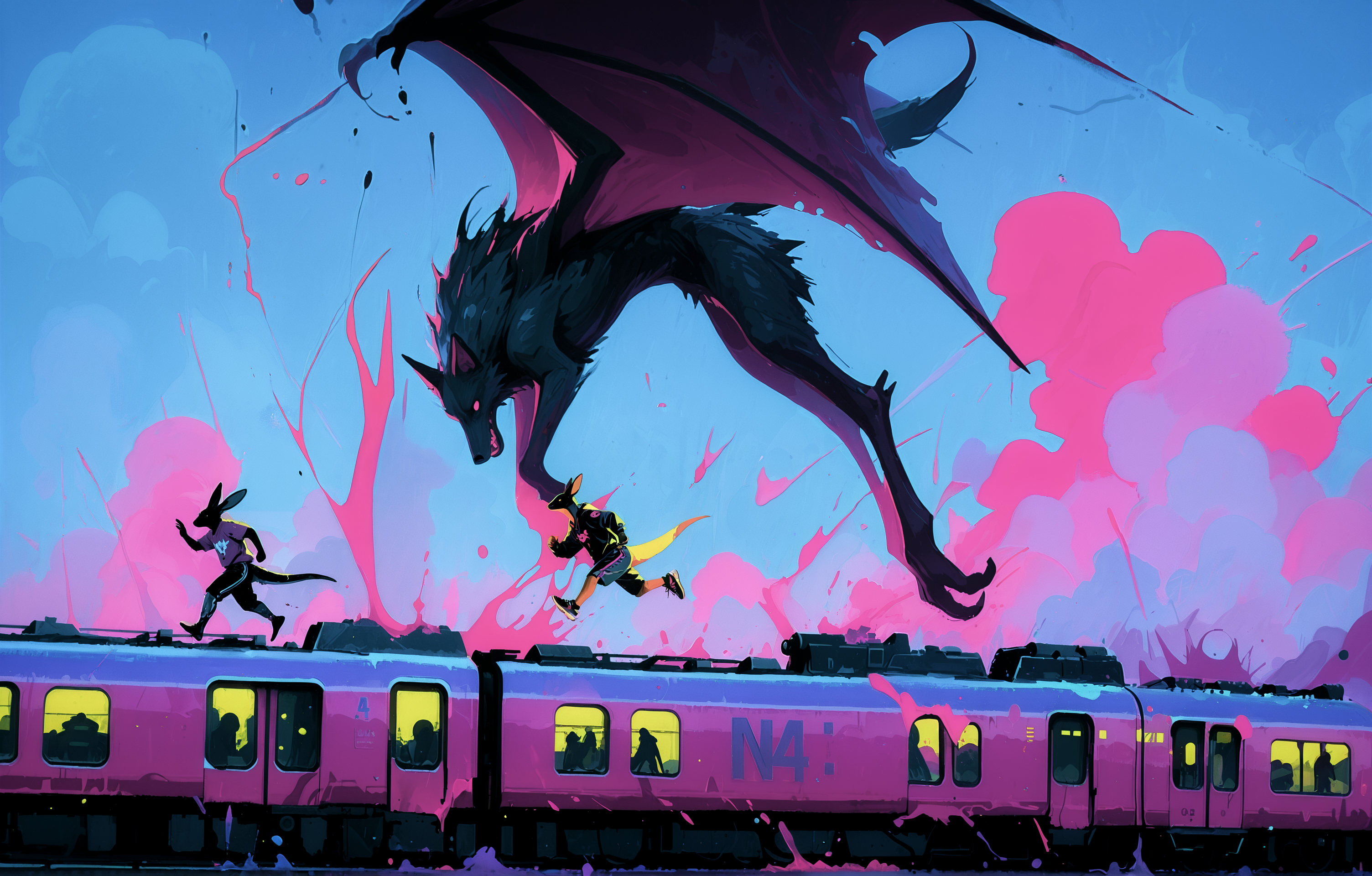 2boys, furry, streetwear, blue sky, pink clouds, steel train, running on top of train, running, dynamic pose, straight-on, from side, fantasy settings, saturated, limited palette, ink splatter, atmospheric perspective, no lineart,

n4tdat_nai, LeIsT0_illu, masterpiece, best quality, very absurdres, very awa,