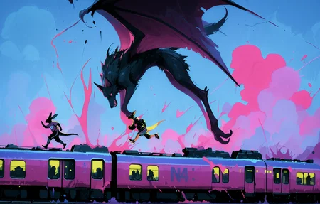 2boys, furry, streetwear, blue sky, pink clouds, steel train, running on top of train, running, dynamic pose, straight-on, from side, fantasy settings, saturated, limited palette, ink splatter, atmospheric perspective, no lineart,
n4tdat_nai, LeIsT0_illu, masterpiece, best quality, very absurdres, very awa,