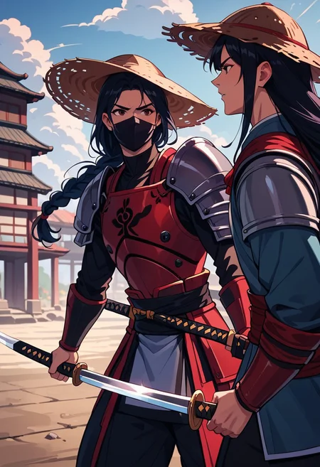 score_9, score_8_up, score_7_up, strawhat, conical hat, 1boy, a heavily armored samurai with shoulder armor and a straw hat, holding a giant katana sword in both hands, ready to fight, asian, long hair, low braid, roninwarriors, samurai facemask, (monolid:1.3),