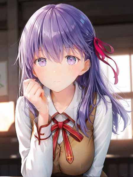 masterpiece,best quality,1girl,solo,absurdres,
1girl, matou sakura, solo, purple eyes, purple hair, ribbon, homurahara academy school uniform, hair ribbon, long hair, school uniform, blush, red ribbon, long sleeves, vest, shirt, white shirt, bangs, breasts, brown vest, signature, upper body, closed mouth, indoors, blurry, hair between eyes, hand up, blurry background, collared shirt, depth of field, large breasts, neck ribbon, looking at viewer
<lora:jizell-illV1-000018:1>,