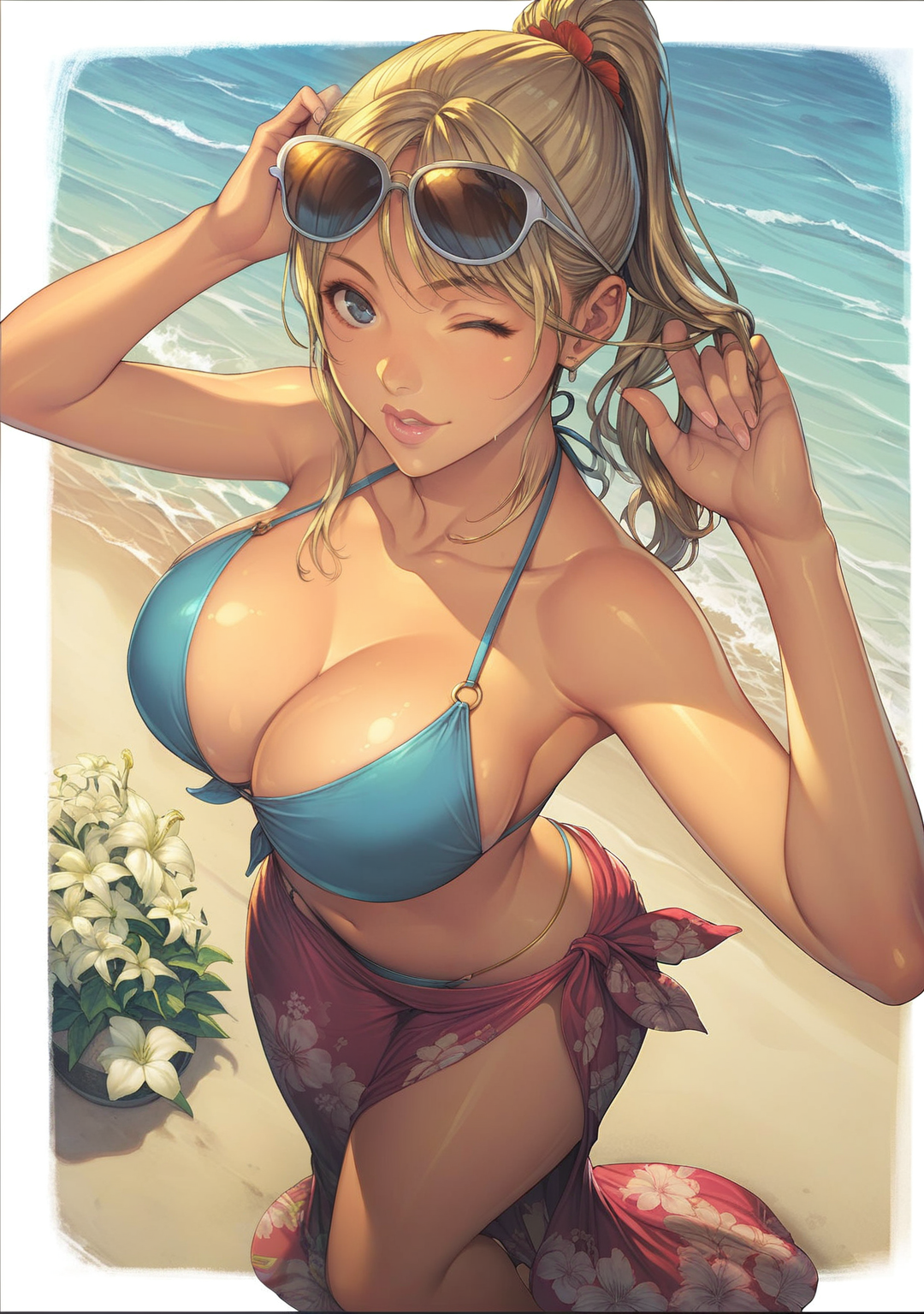 score_9, score_8_up, score_7_up, 1girl, homare style,ponytail,((sarong)),blonde hair,beautiful face,perfect face,bikini,big breasts,border,hand in hair,from above,thick,border,sunglasses,oiled skin,looking at viewer,border,wink,seashells,young,petite,flowers, wide hips,selfie pose<lora:Homare_Style_Pony_LoRA:0.7>